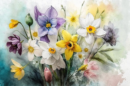 spring flowers narcissus bouquet watercolor drawing, greeting card, artificial intelligence creationの素材