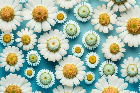 Floral chamomile pattern on a blue background. Flatlay, top view. Created by artificial intelligenceの素材