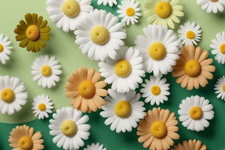Floral chamomile pattern on a green background. Flatlay, top view. Created by artificial intelligenceの素材