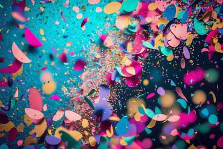 different colors and forms confetti fired on air, blue background, artificial intelligence generatedの素材