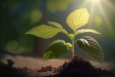 Sprout growing in warm spring. Beginning of life, sunny day, green tiny sprout, artificial intelligenceの素材