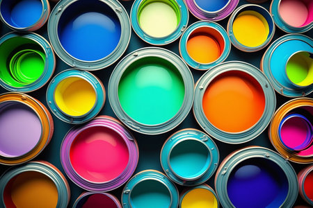 Open different colors paint cans on gray background, top view, artificial intelligenceの素材