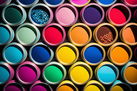 rows of open different colors paint cans, top view, Generative AIの素材