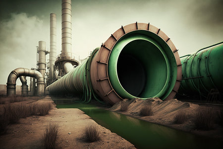 industrial plant pipes polluting environment, Generative AIの素材
