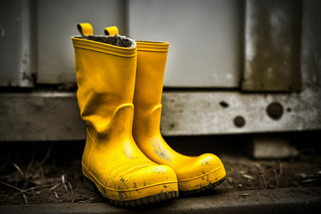 Dirty yellow rubber boots on a farm, closeup, Generative AIの素材