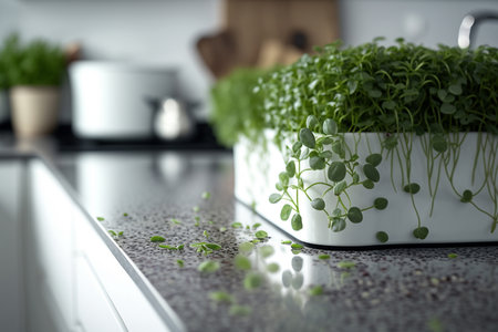Microgreens growing at the kitchen, closeup, Generative AIの素材