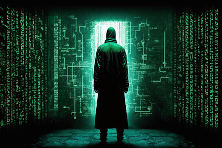 Matrix background with the green symbols, human person in the middle, Generative AIの素材