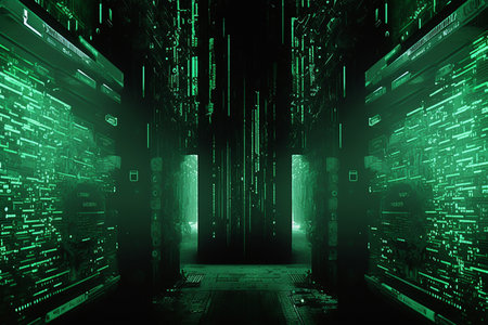 Matrix digital background with the light green numbers and symbols, Generative AIの素材
