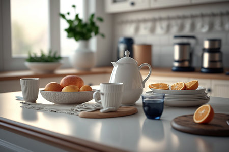 Breakfast on table in the white modern kitchen - cups, oranges, buns. Natural morning light, Generative AIの素材
