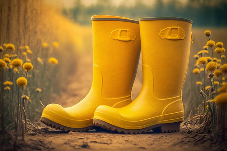 Yellow rubber boots with beautiful yellow field flowers in garden, Generative AIの素材