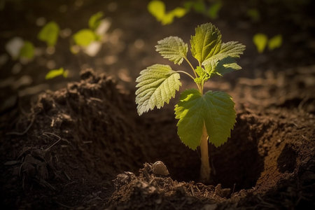 Sprout growing in the sun in warm spring. Beginning of life, green tiny sprout, Generative AIの素材