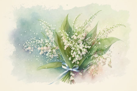 Lily of the valley watercolor painting, symbol of the 1st may, pastel colors, Generative AIの素材