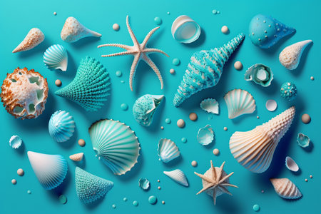 Different sea shells on the light blue background, Generative AIの素材