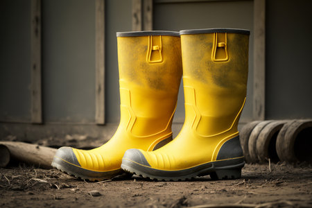 Rubber boots on a farm, agricultural work, Generative AIの素材