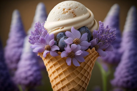 Ice cream cone decorated with lavender and lilac flowers, Generative AIの素材