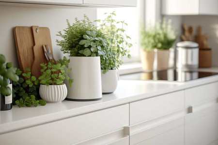 growing greenery in the white sunny kitchen, Generative AIの素材