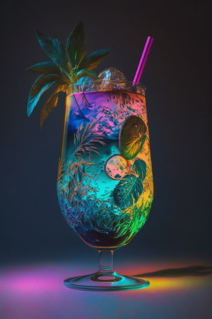 Picture of tropical cocktail glass in neon lights, Generative AIの素材