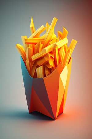 French fries or fried potatoes in a cardboard box on gradient background. Technical colorblocks, Generative AIの素材