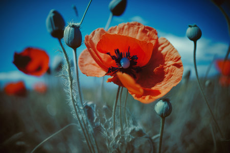 Wild poppy flower closeup growing on a poppyfield, Generative AIの素材
