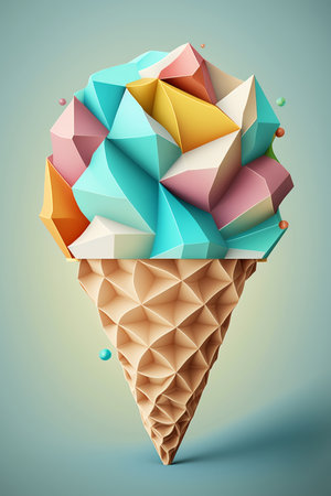 Picture of bright colorful ice-cream cone on blue background, colorblocks, Generative AIの素材