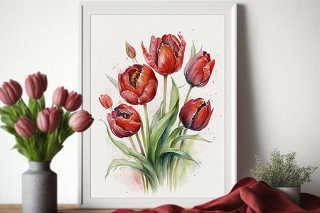 painting of the red tulip flowers bouquet in a frame on the white wall background, created by artificial intelligenceの素材