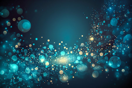 Blue and gold cosmic bokeh glitter lights background, AI creationの素材