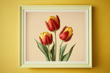 red tulip flowers bouquet in a frame on the yellow wall background, created by artificial intelligenceの素材