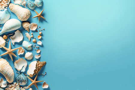 Sea shells on the blue background, copy space, Generative AIの素材