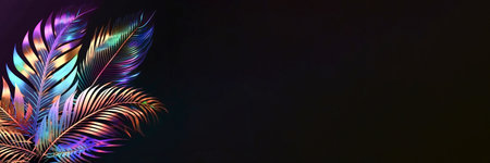 Neon colors palm leaves banner, copy space, Generative AIの素材