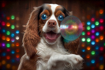 Surprised cute puppy dancing in a night club with bright colorful disco ball, Generative AIの素材