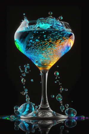 Colorful cocktail glass on a dark background, drops; Generative AIの素材