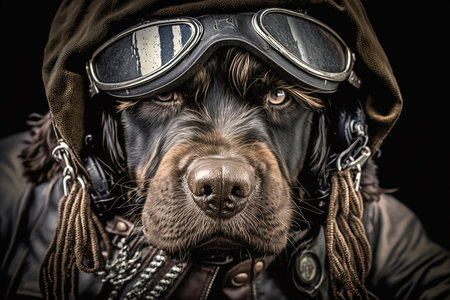 Big serious dog wearing biker glasses and clothes, Generative AIの素材