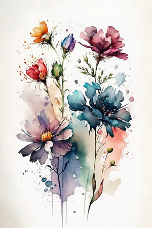 Watercolor drawing of summer wildflowers bouquet, Generative AIの素材