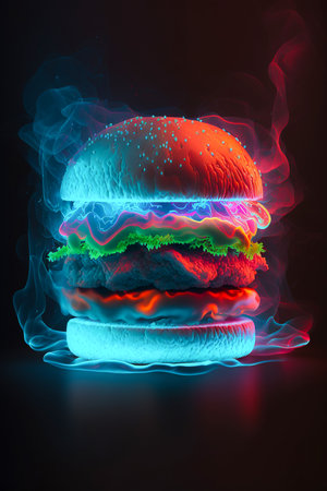 Hamburger in neon colors, smoke, dark background, Generative AIの素材