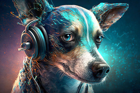 Neon colors dog listening to music in earphones, Generative AIの素材