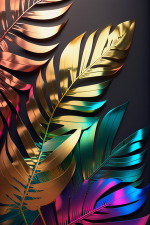 Different colos palm leaves in neon colors, Generative AIの素材