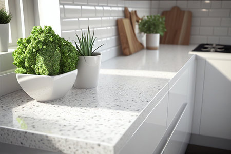 white marble worktop of a cozy sunny kitchen closeup, Generative AIの素材
