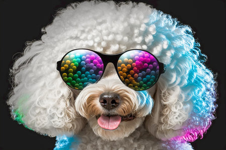 White dog posing closeup in disco party sunglasses, Generative AIの素材