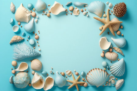 Frame of sea shells on the light blue background, copy space, Generative AIの素材