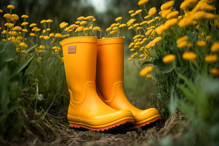 Yellow rubber boots in a flower garden, Generative AIの素材