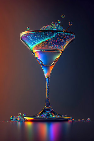 Neon color cocktail glass on a dark background, drops, Generative AIの素材