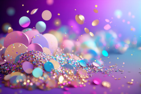 Flying confetti of pink, blue and golden colors, Generative AIの素材