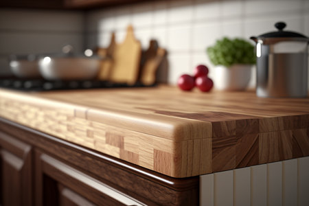 Natural wooden kitchen worktop with utensils, fruits and growing plants, kitchen interior, Generative AIの素材