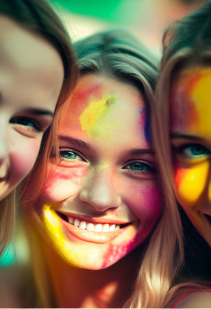 Beautiful young blond girl with her friends closeup portrait at a Holy Fest, Generative AIの素材