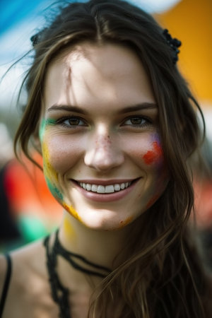 Beautiful young brunette girl closeup portrait at a Holy Fest, Generative AIの素材