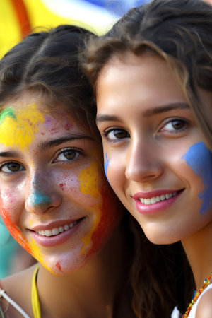 Two beautiful young brunette girls closeup portrait at a Holy Fest, Generative AIの素材