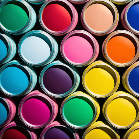 rows of open different colors paint cans, top view, square photo, Generative AIの素材