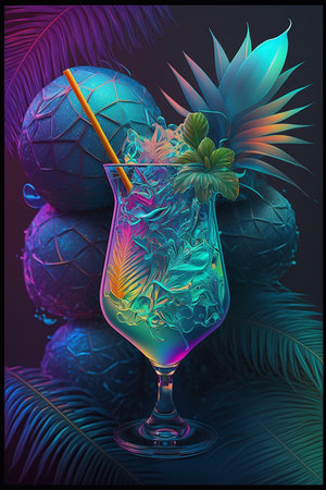 Picture of tropical cocktail glass in neon pastel lights, Generative AIの素材