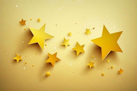 Star shape golden confetti on the yellow background, greeting card, Generative AIの素材