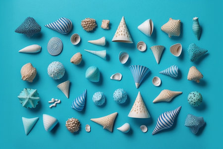 Different sea shells on the blue background, Generative AIの素材
